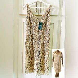 LAUREN RALPH LAUREN Women's Gold Metal Scalloped Hem Lace Sheath Dress （Size 4）